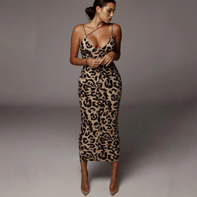 Sleeveless Leopard Midi Dress - V-Neck Fashion