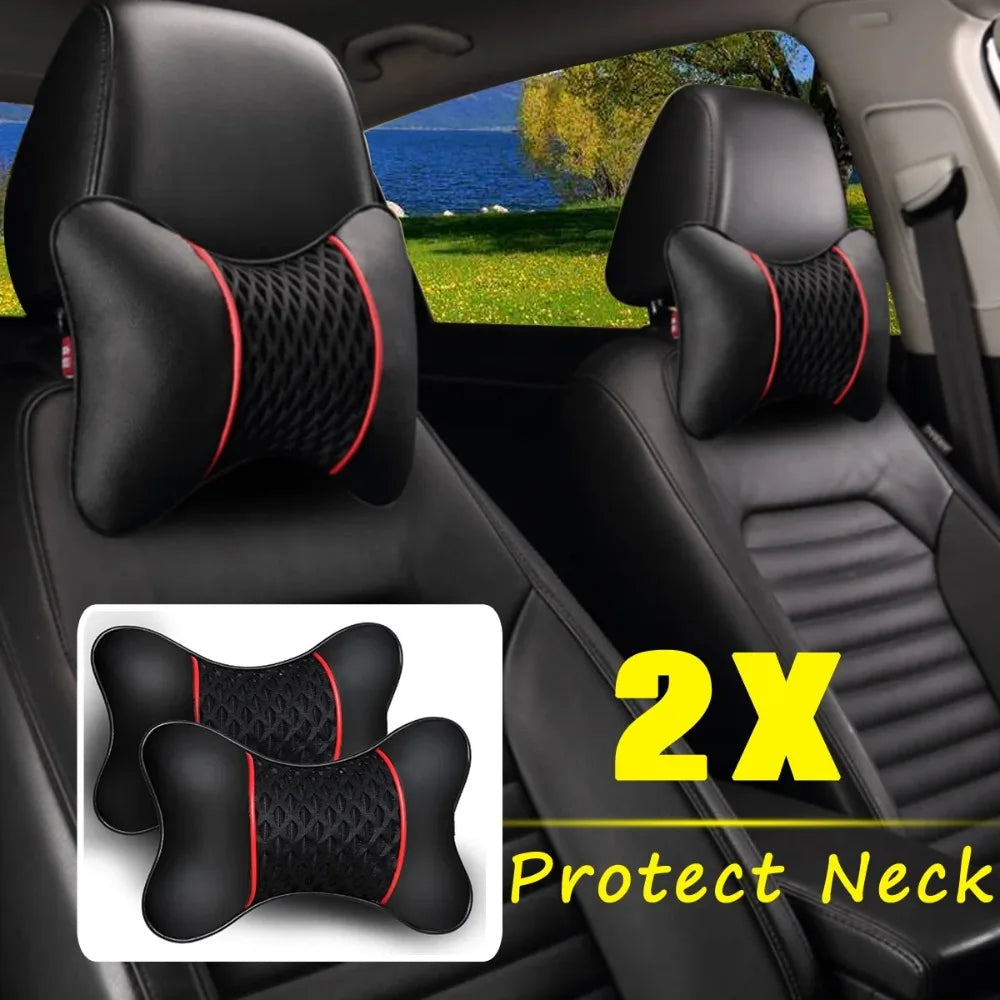 2Pcs Car Neck Pillow - Black PU Leather Support