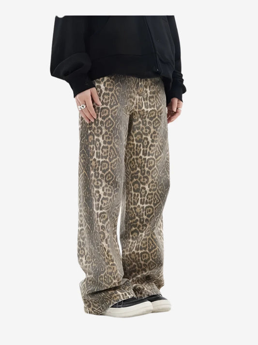 Women's Vintage Leopard Print Wide-Leg Jeans