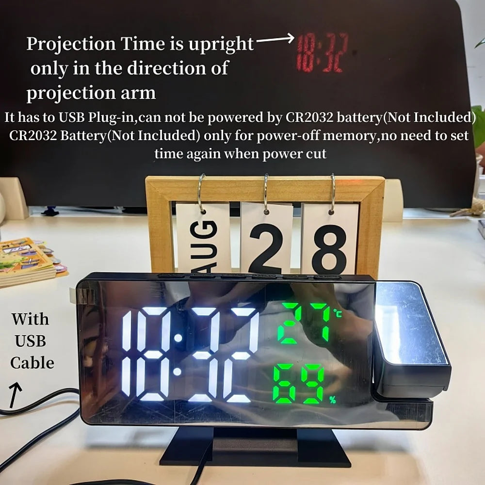 180° Arm Projection LED Alarm Clock with Temp & Humidity, USB Powered