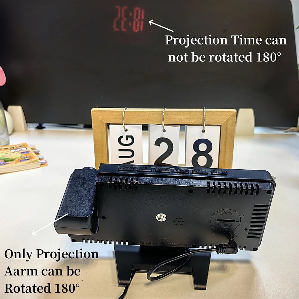 180° Arm Projection LED Alarm Clock with Temp & Humidity, USB Powered