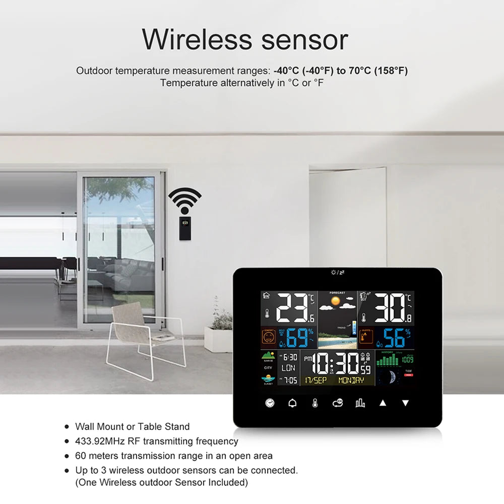 Weather Station Alarm Clock with Wireless Sensor & Touch Screen