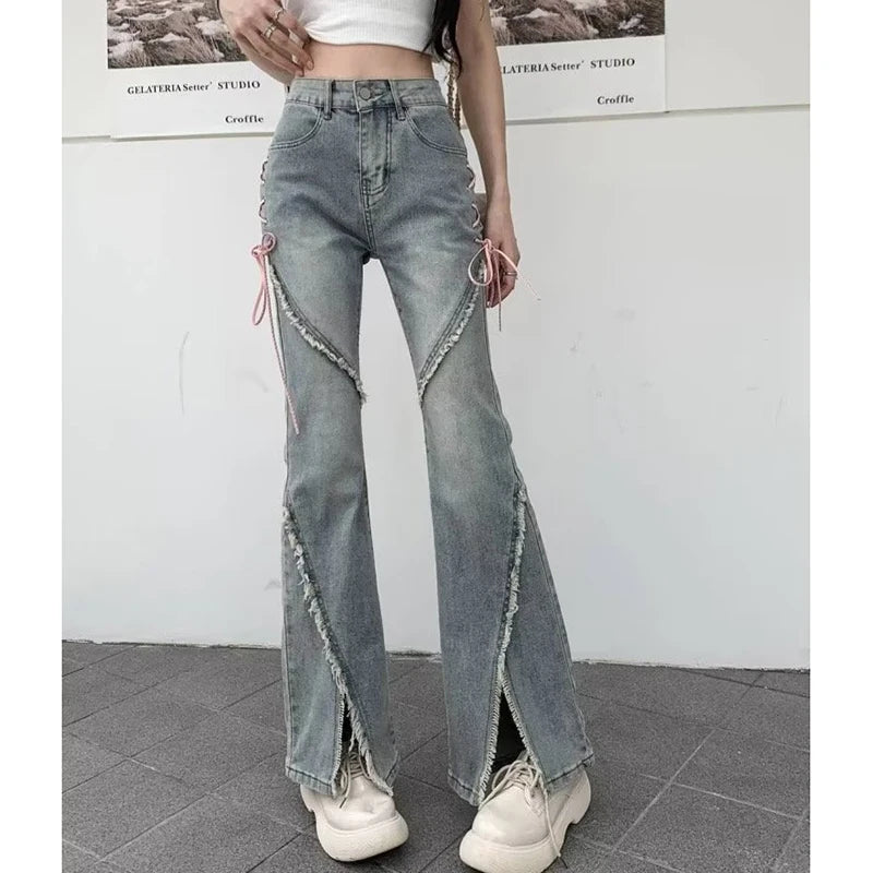 Women’s Retro Tassel Flared High-Waist Jeans