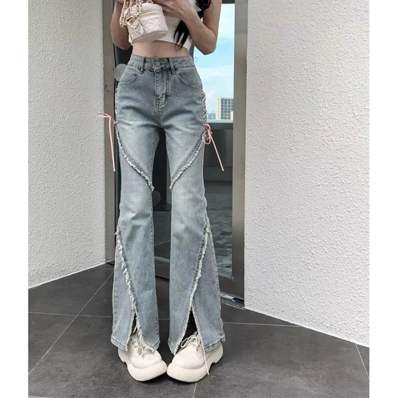 Women’s Retro Tassel Flared High-Waist Jeans