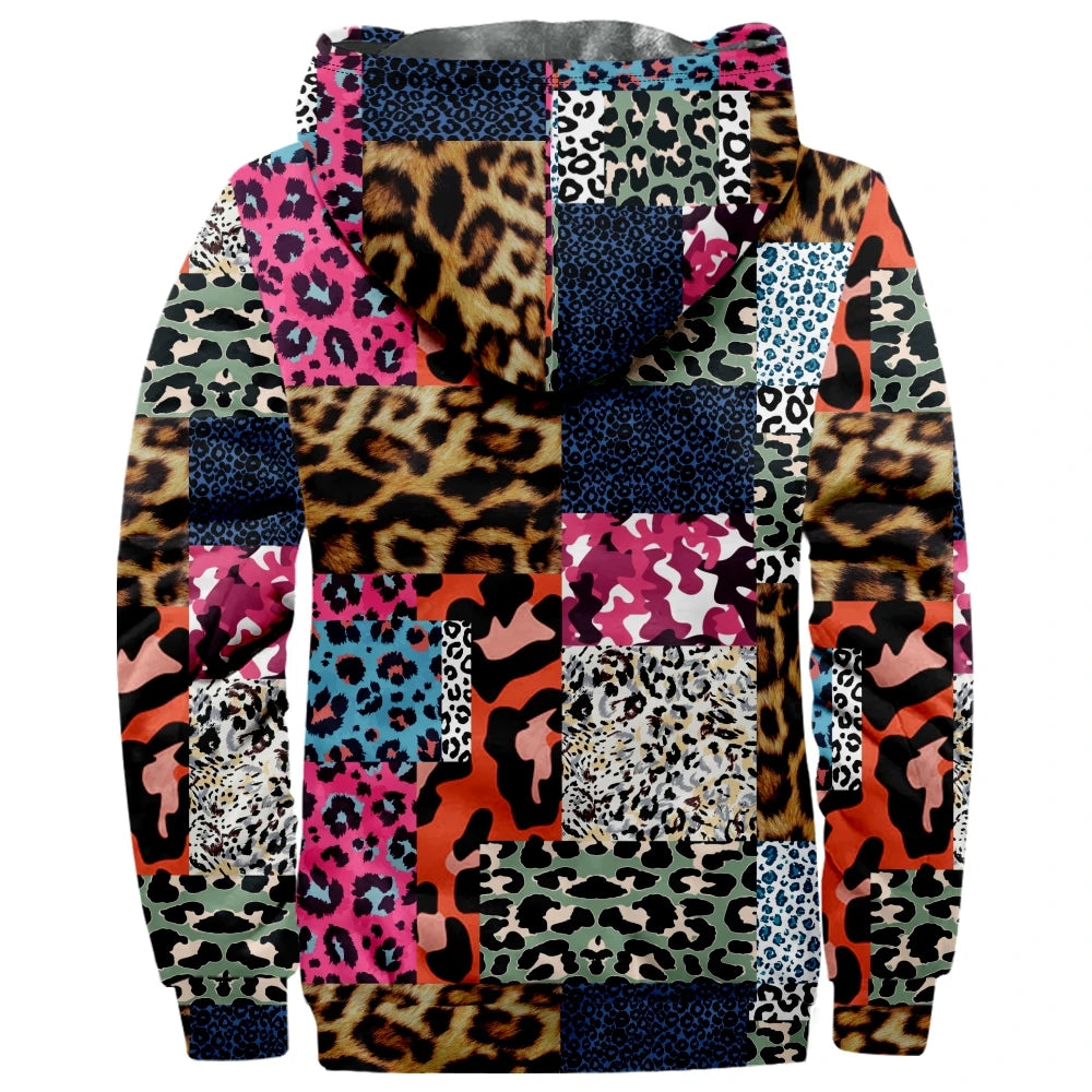 Leopard Patchwork Fleece Hoodie Parka for Men