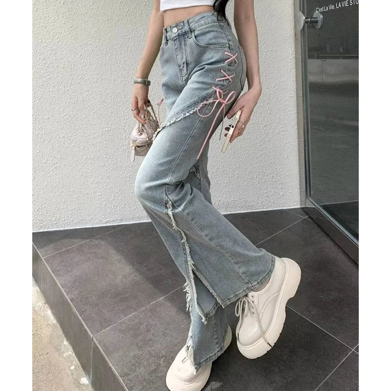 Women’s Retro Tassel Flared High-Waist Jeans