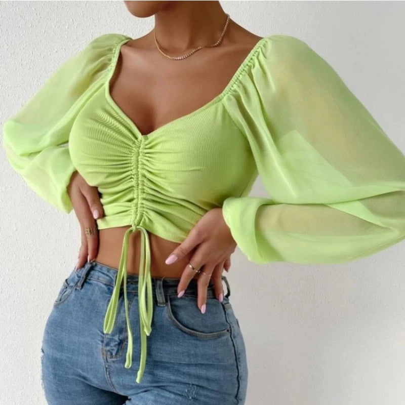 Sexy Mesh Lantern Sleeve Crop Top - Women's Long Sleeve Wrap