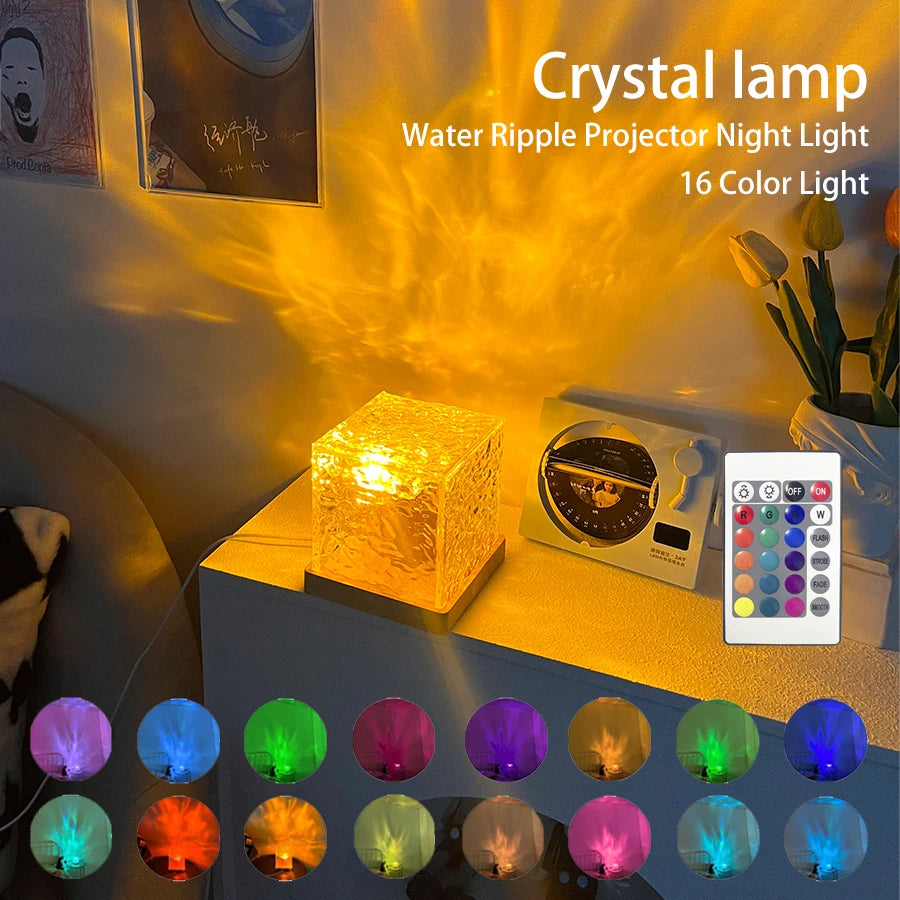 Dynamic Water Ripple Rotating Night Light – 16 Colors Flame Crystal Lamp