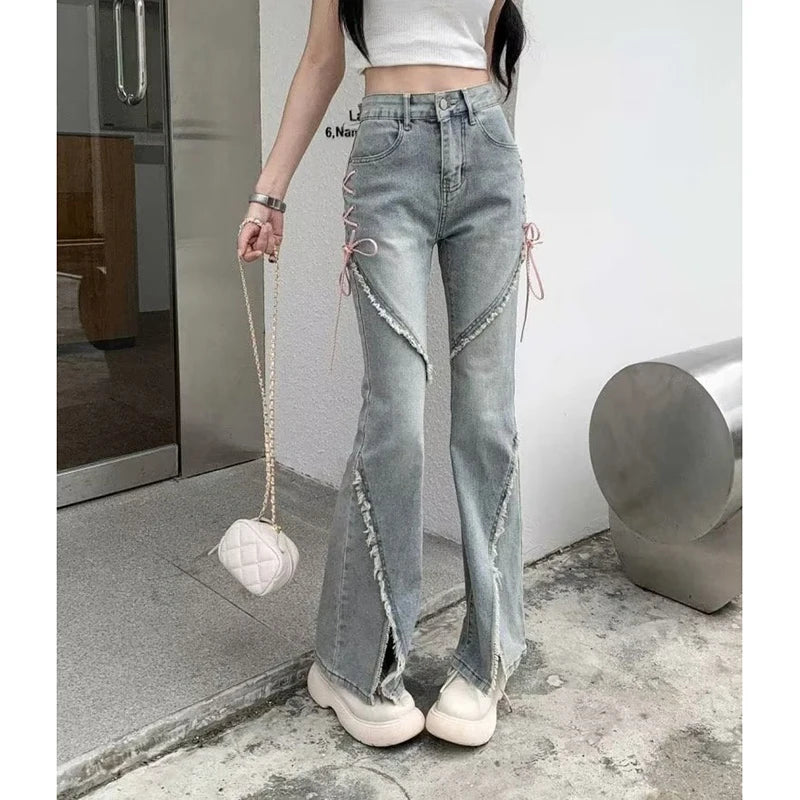 Women’s Retro Tassel Flared High-Waist Jeans