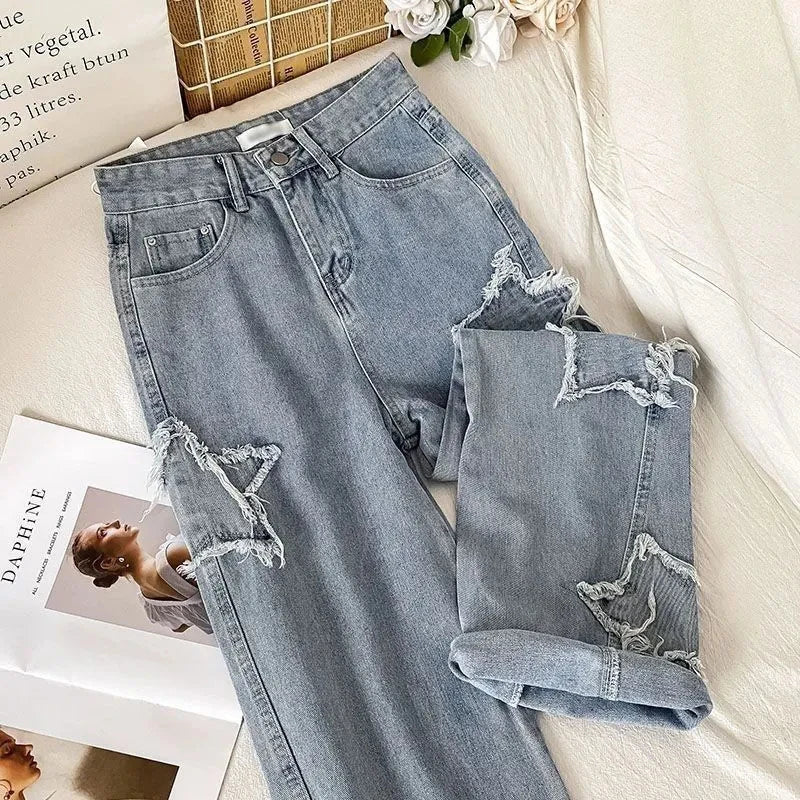 Casual Star Patchwork Jeans - Wide Leg Vintage Style