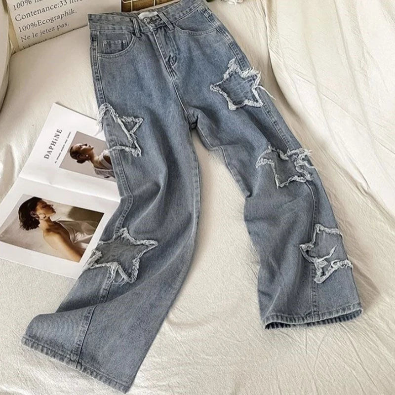 Casual Star Patchwork Jeans - Wide Leg Vintage Style