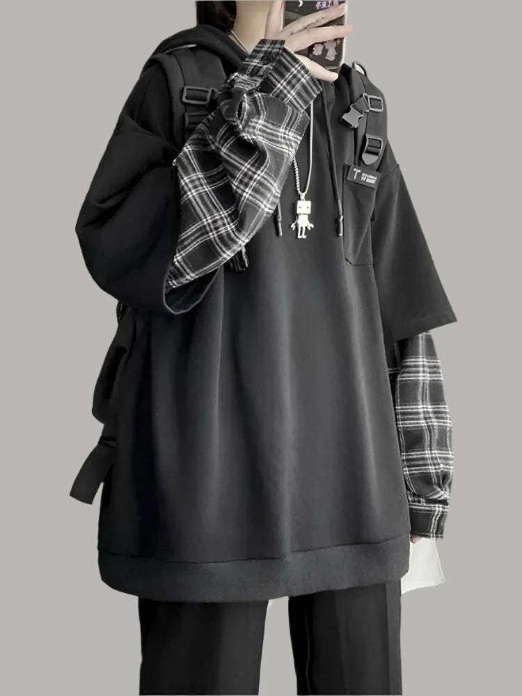 Oversized Plaid Patchwork Hoodie