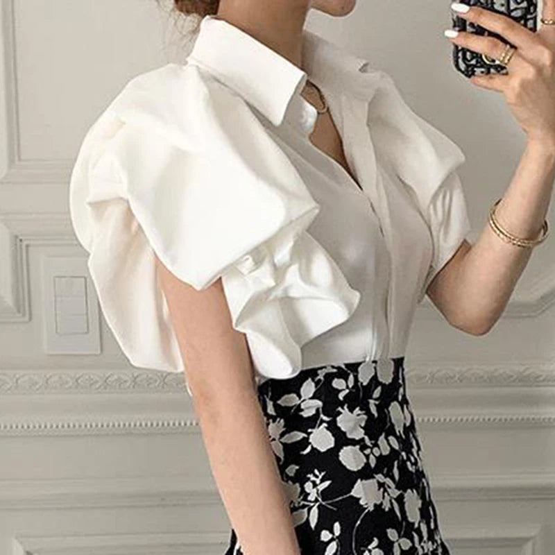 Casual Puff Sleeve Blouse - Women's Chiffon Top