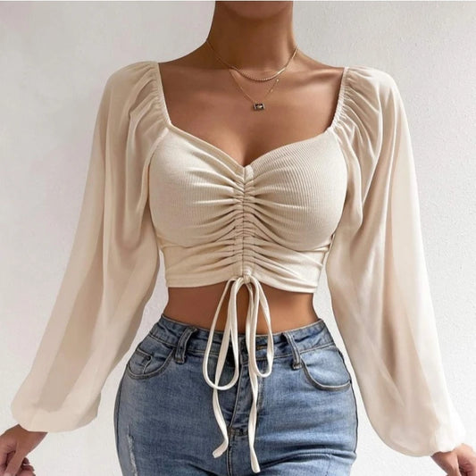 Sexy Mesh Lantern Sleeve Crop Top - Women's Long Sleeve Wrap