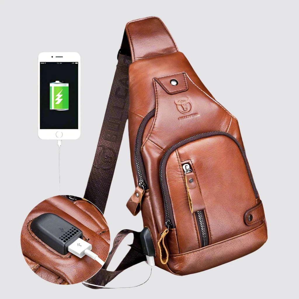 Bullcaptain Leather Chest Bag with USB Port