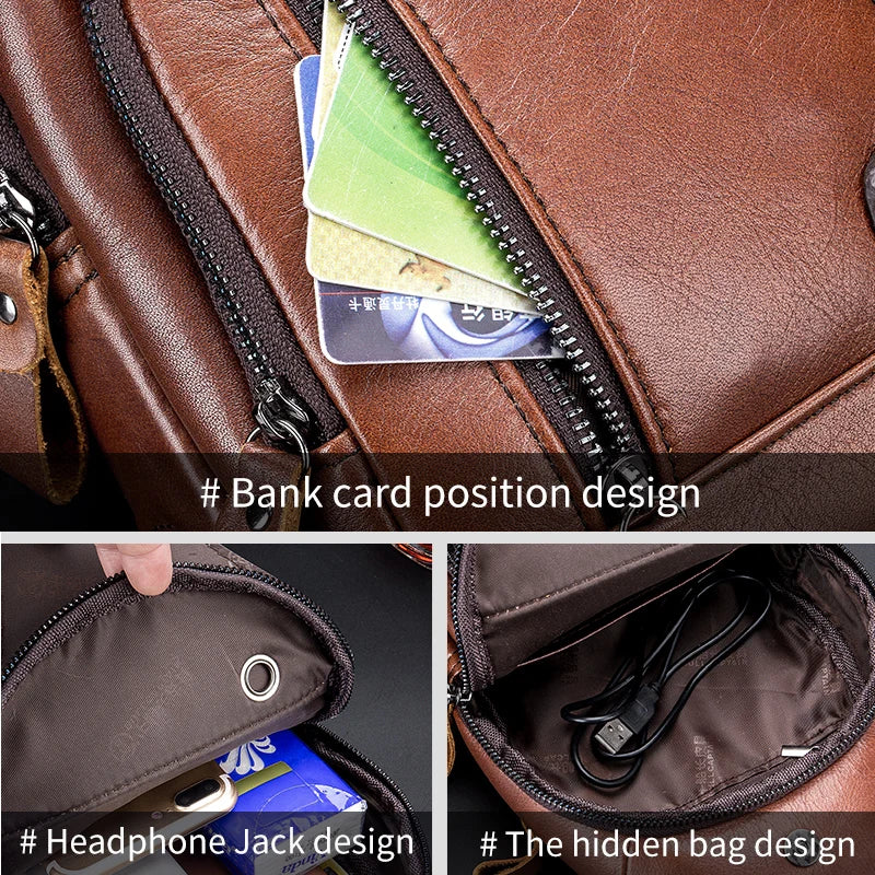 Bullcaptain Leather Chest Bag with USB Port