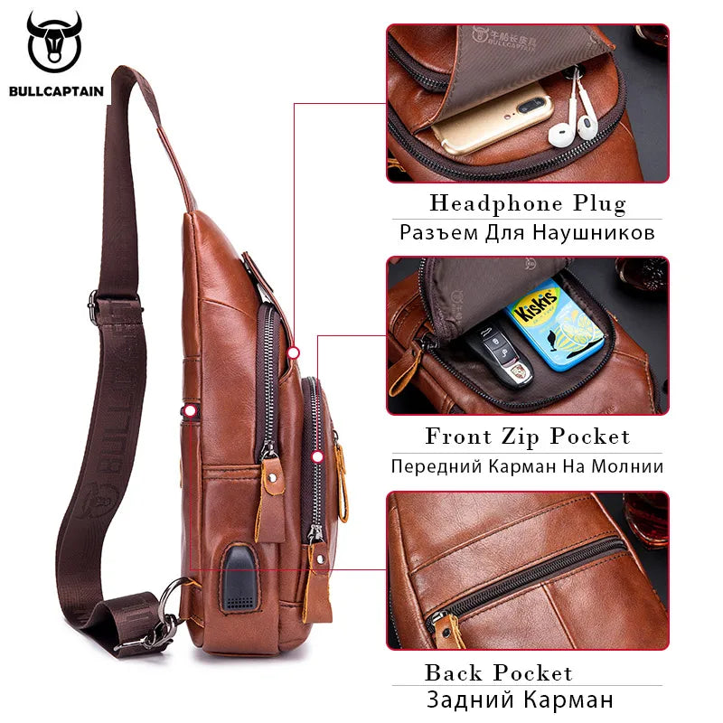 Bullcaptain Leather Chest Bag with USB Port