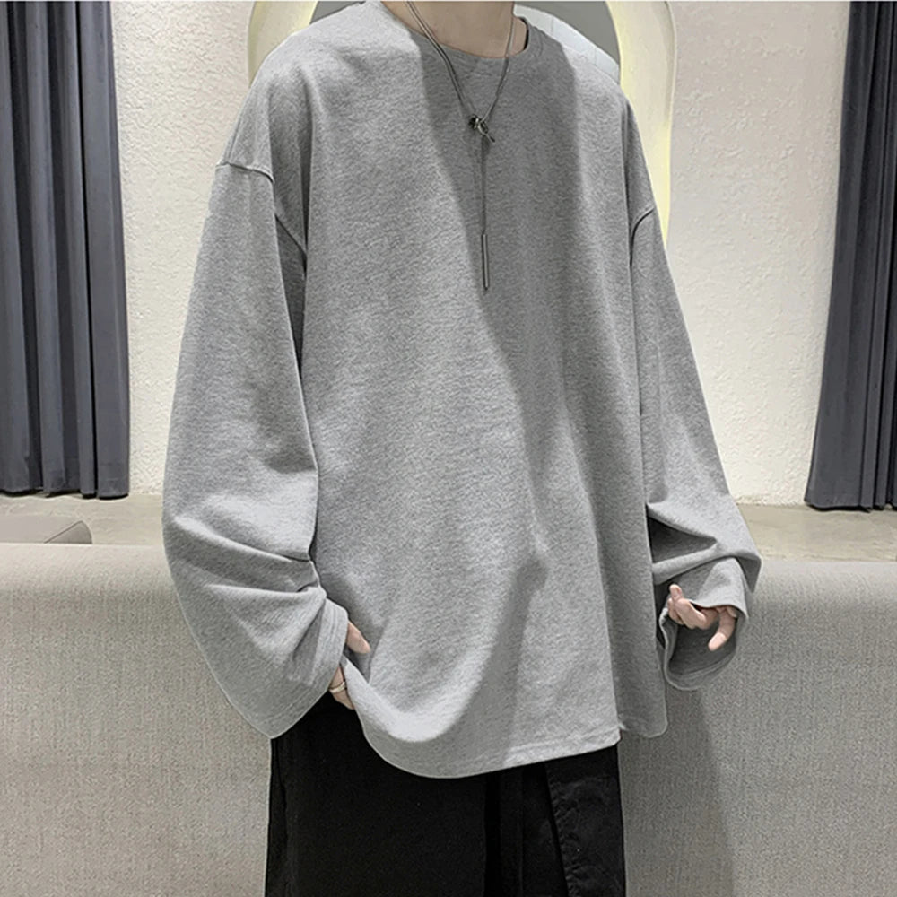 100% Cotton Oversize Long Sleeve T-Shirt for Men and Women – Pure Color Tops