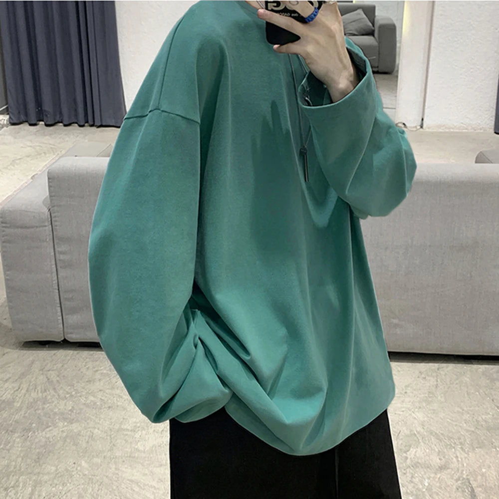 100% Cotton Oversize Long Sleeve T-Shirt for Men and Women – Pure Color Tops