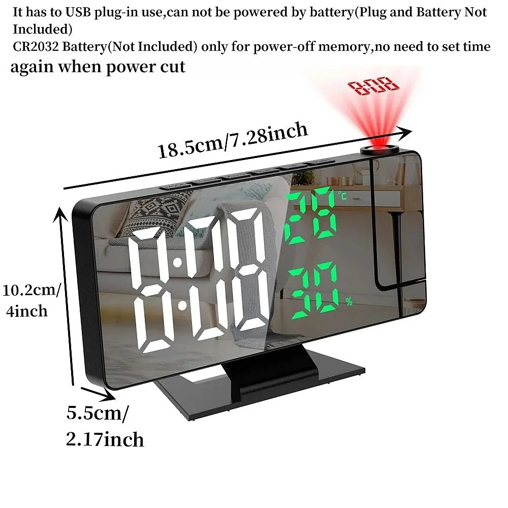 180° Arm Projection LED Alarm Clock with Temp & Humidity, USB Powered