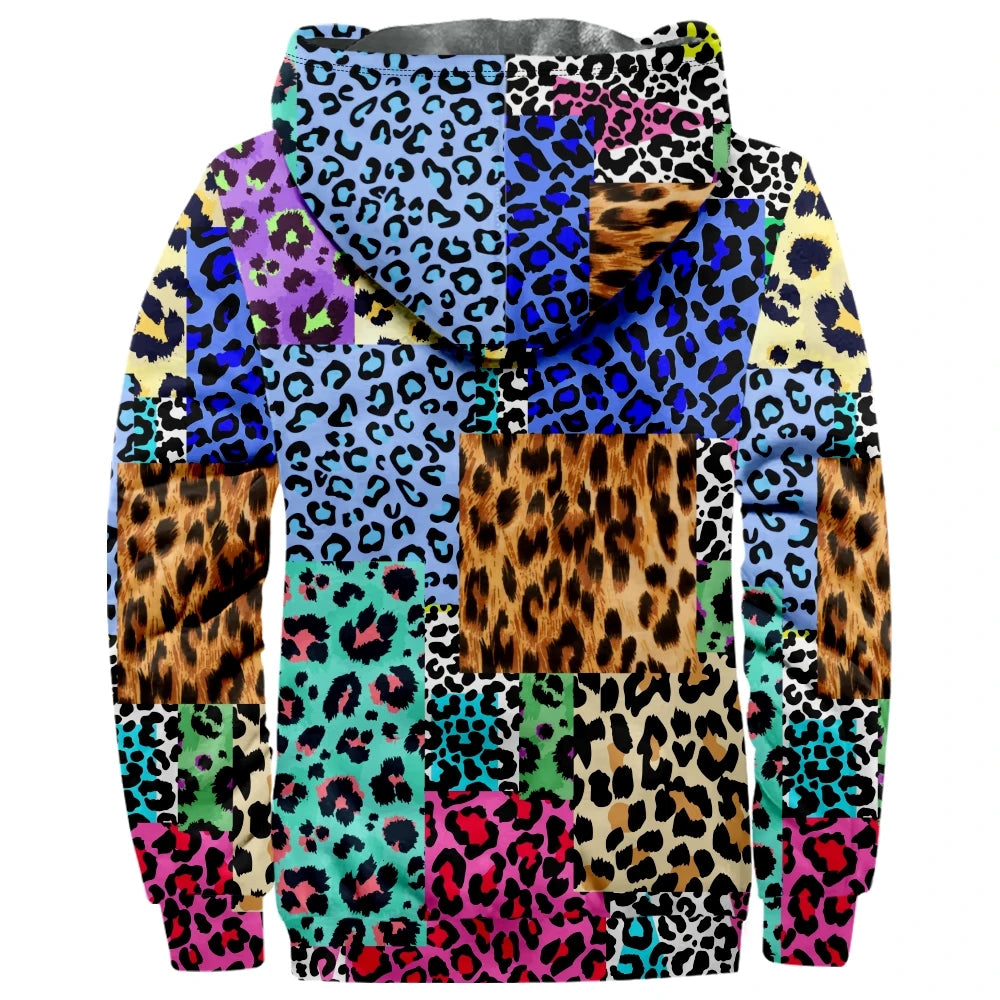 Leopard Patchwork Fleece Hoodie Parka for Men