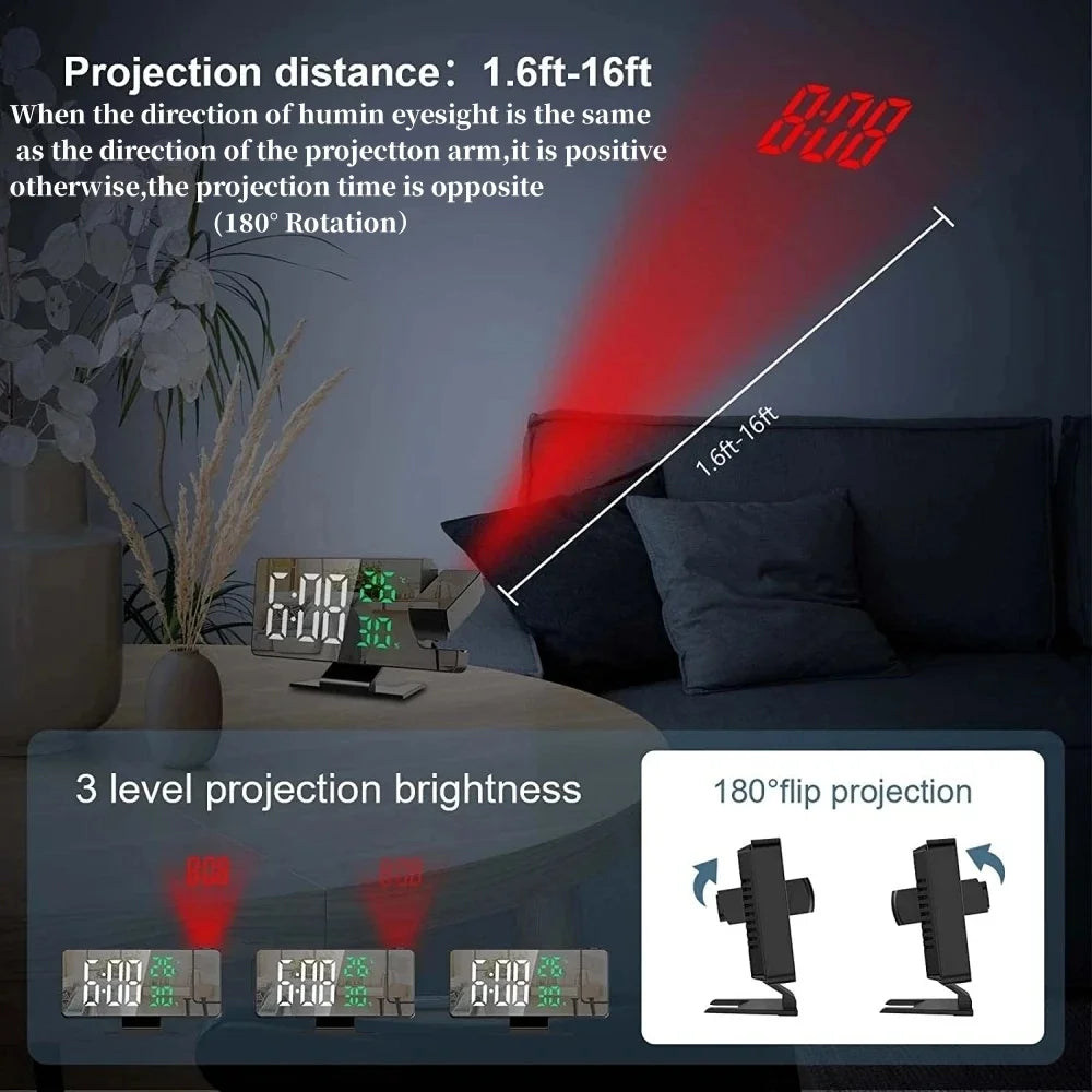 180° Arm Projection LED Alarm Clock with Temp & Humidity, USB Powered