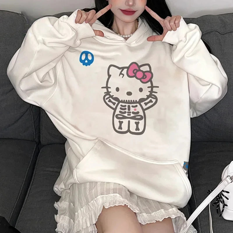 Hello Kitty Chic: Women's Kid Hoodie with Cute Sanrio Print, Fashionable Harajuku Street Style