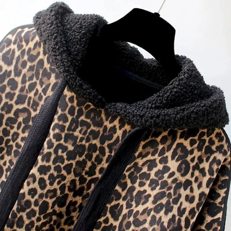 Leopard Lamb Wool Hooded Coat: Trendy Korean Fashion Hoodie