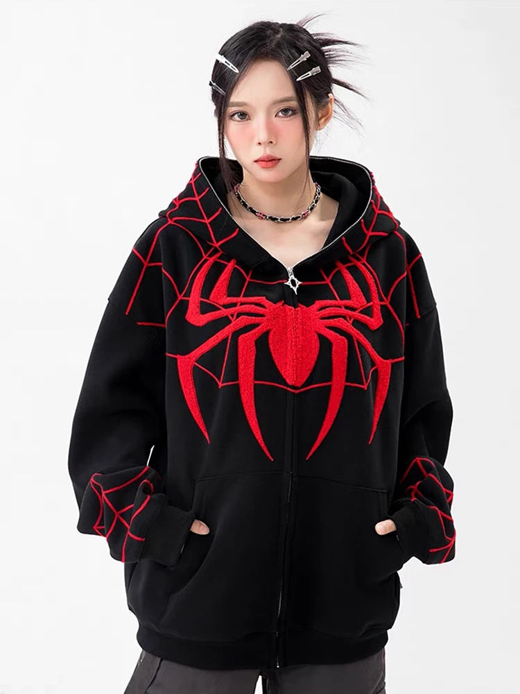 Gothic Embroidery Hoodies Y2k Harajuku Oversize Long Sleeve Zipper Tops