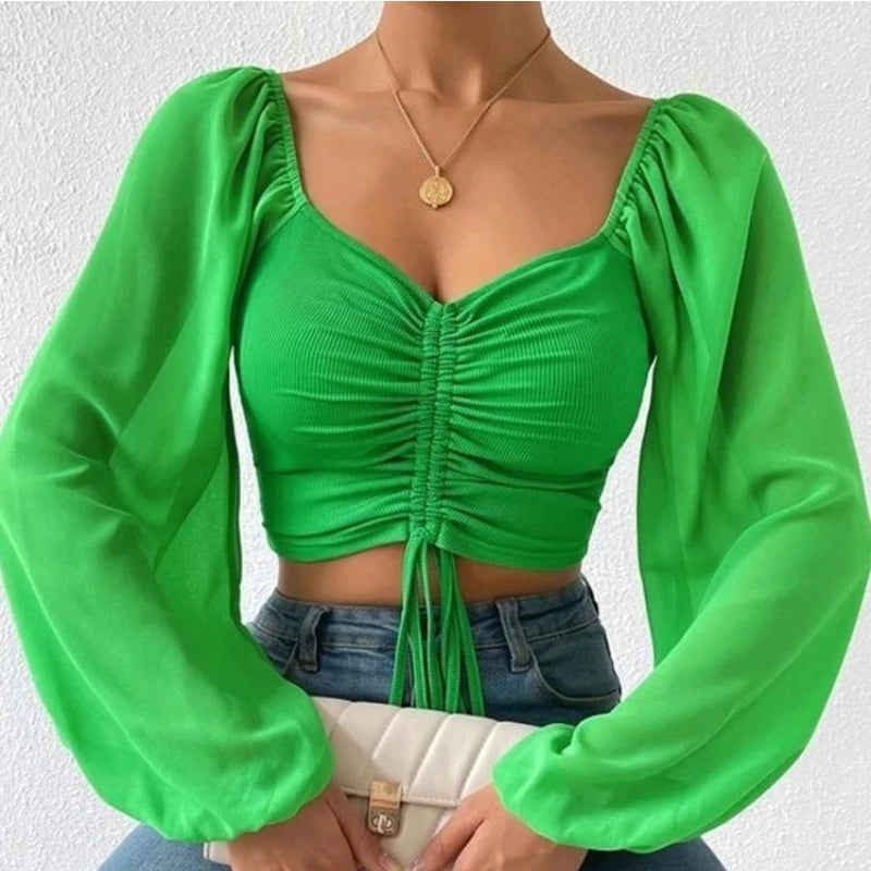 Sexy Mesh Lantern Sleeve Crop Top - Women's Long Sleeve Wrap