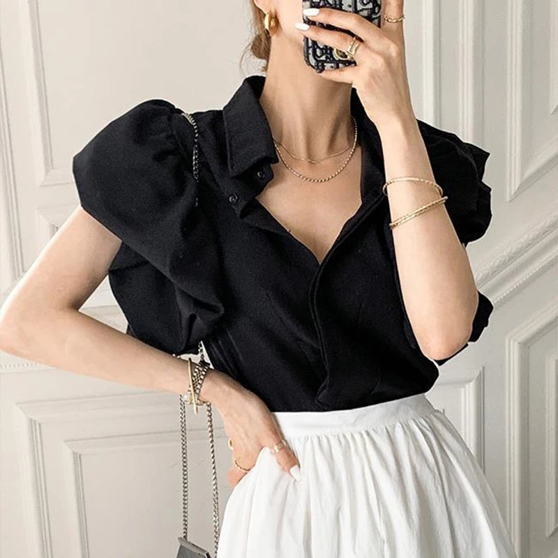 Casual Puff Sleeve Blouse - Women's Chiffon Top