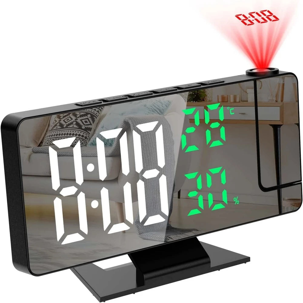 180° Arm Projection LED Alarm Clock with Temp & Humidity, USB Powered