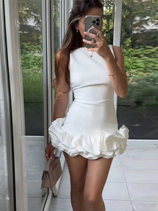 Sexy White Pleated Ruffle Sleeveless Mini Dress