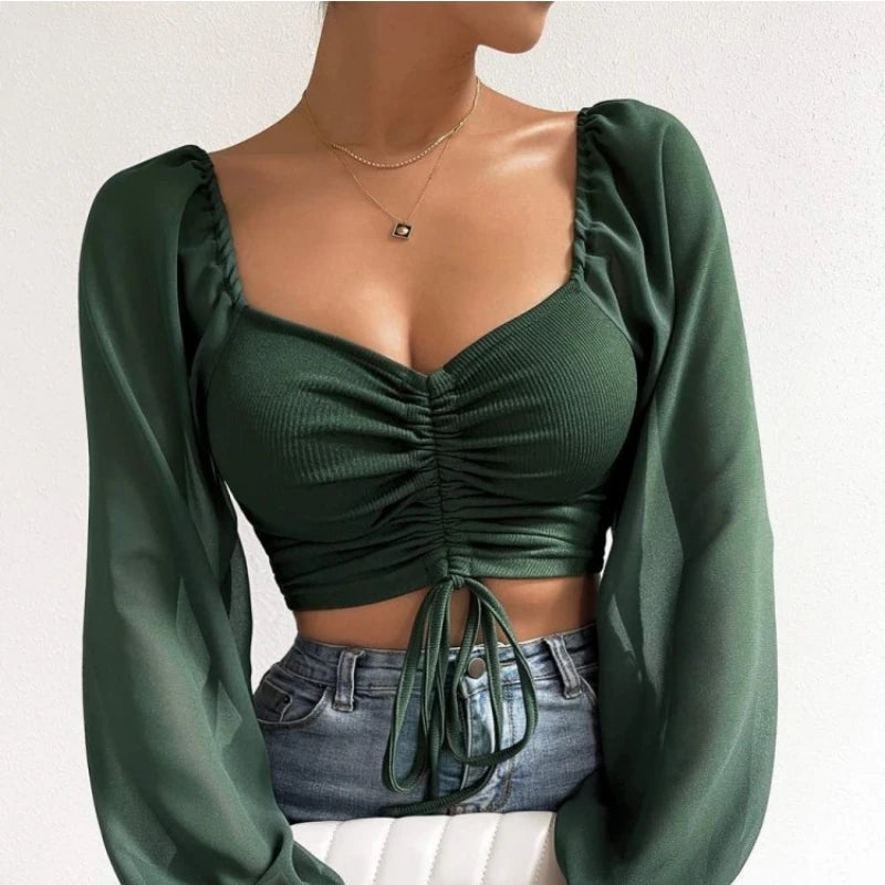 Sexy Mesh Lantern Sleeve Crop Top - Women's Long Sleeve Wrap