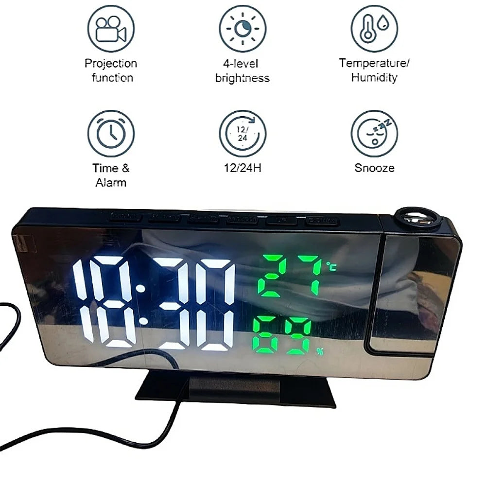 180° Arm Projection LED Alarm Clock with Temp & Humidity, USB Powered